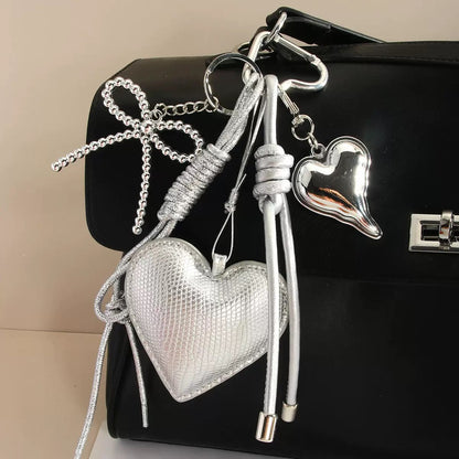 Silver Heart & Bow Bag Charm Keychain🩶
