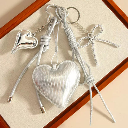 Silver Heart & Bow Bag Charm Keychain🩶