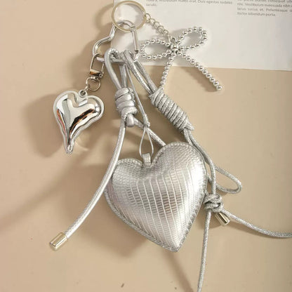 Silver Heart & Bow Bag Charm Keychain🩶