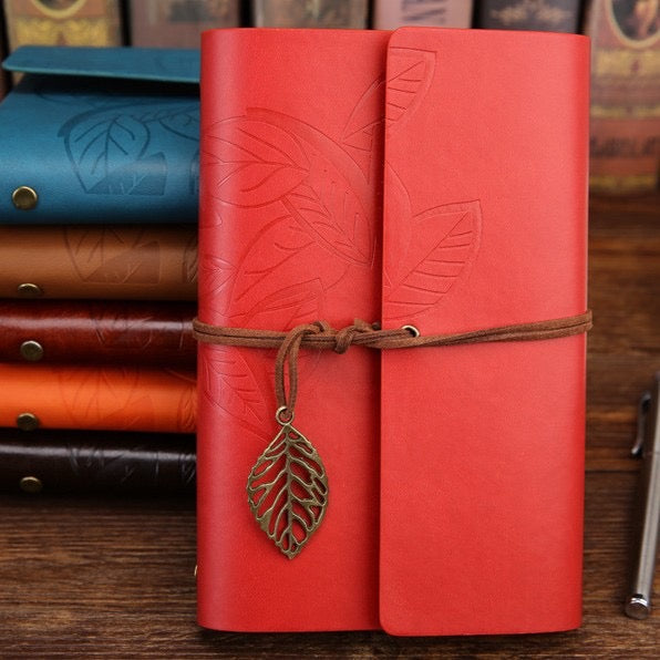 Retro Leather Journal with Leaf Charm Red