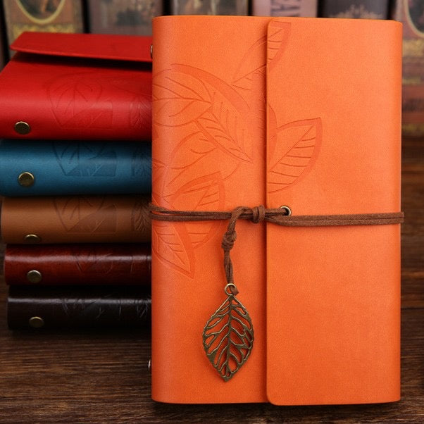 Retro Leather Journal with Leaf Charm Orange Glow