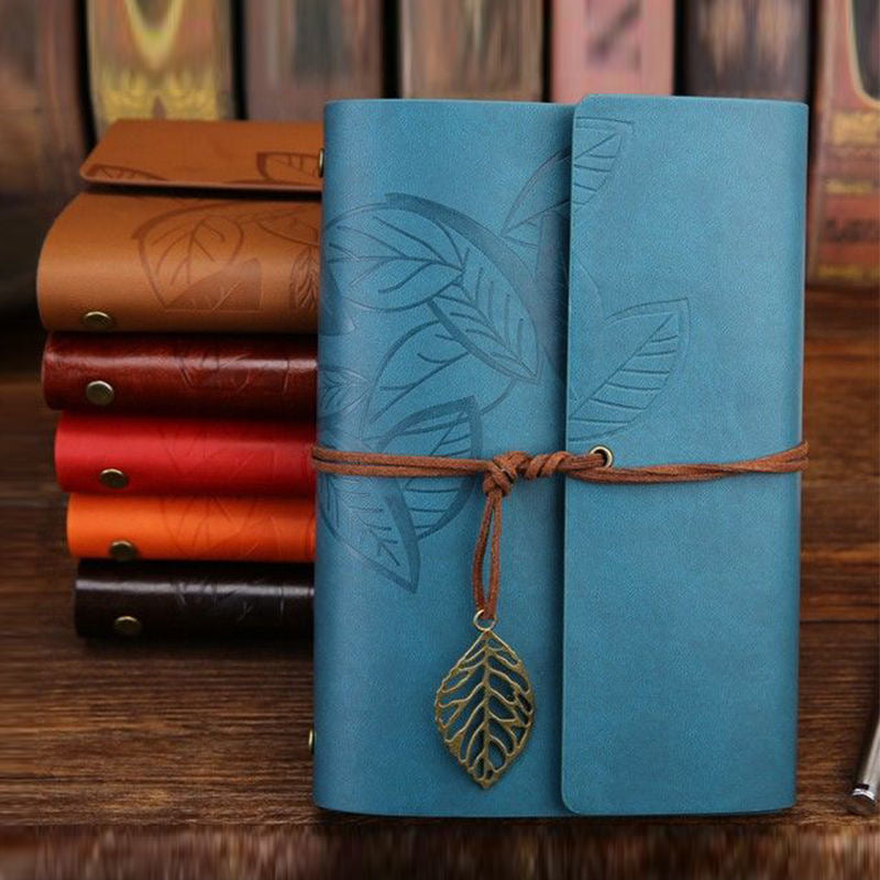 Retro Leather Journal with Leaf Charm Royal Blue