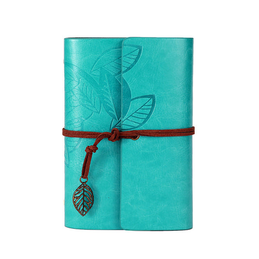 Retro Leather Journal with Leaf Charm Tiffany Blue